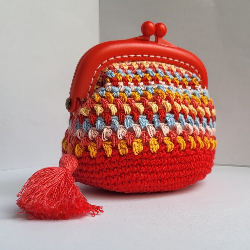 Handmade crochet kiss lock bag - Coin Purses - Cotton & Hemp Red