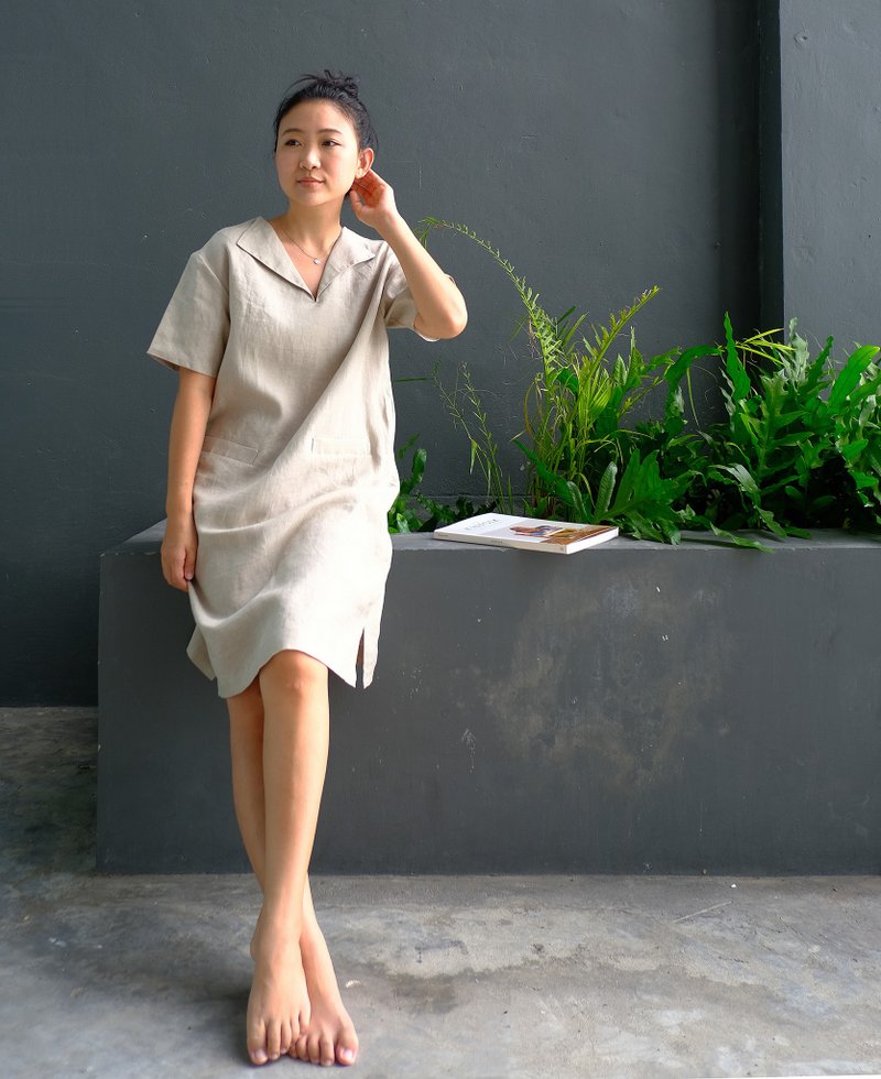 Beige 100% linen pikul dress / open collar - 洋裝/連身裙 - 亞麻 白色