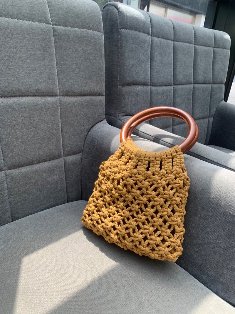 Wooden handle-textured hand-woven carry-on bag - Handbags & Totes - Cotton & Hemp Orange