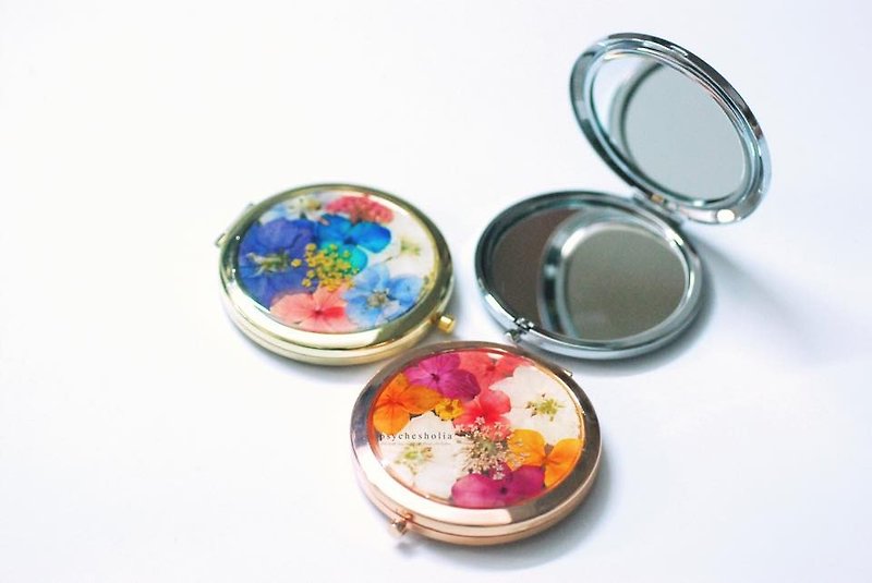 押花隨身雙面鏡盒 - 彩妝刷具/鏡子/梳子 - 植物．花 多色