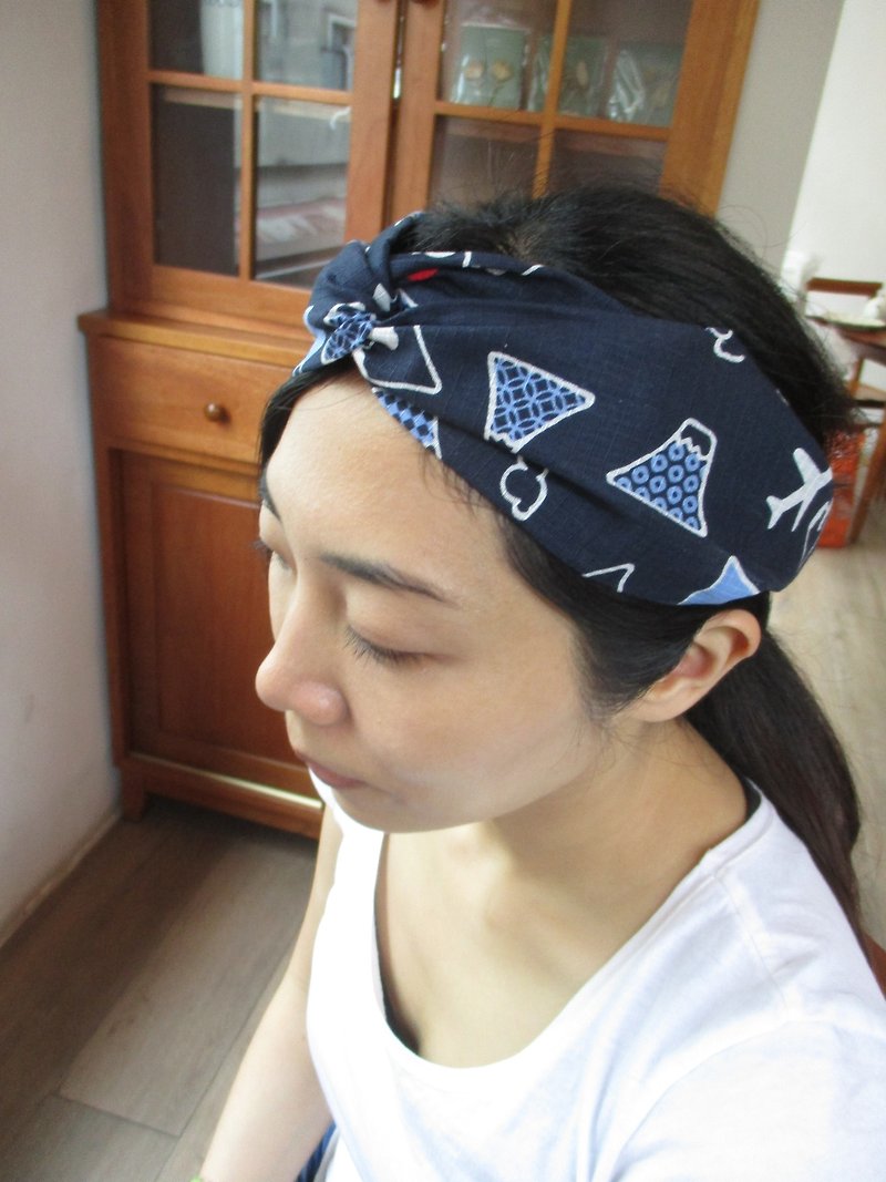 交叉髮帶(鬆緊手工)-日系富士山 - 髮夾/髮飾 - 棉．麻 藍色