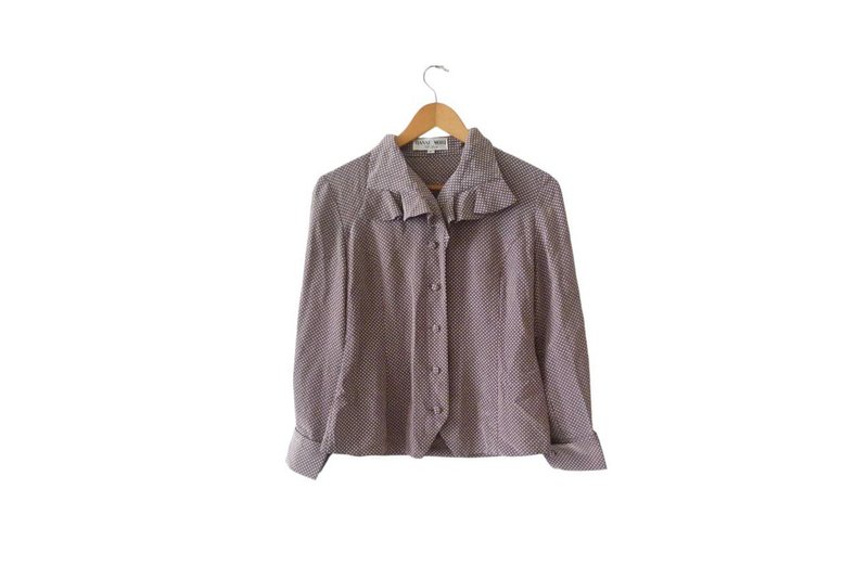 80s Hanae Mori Soft Sports Brown shirt with white polkadot print, Ruffle collar - Women's Tops - Polyester Brown