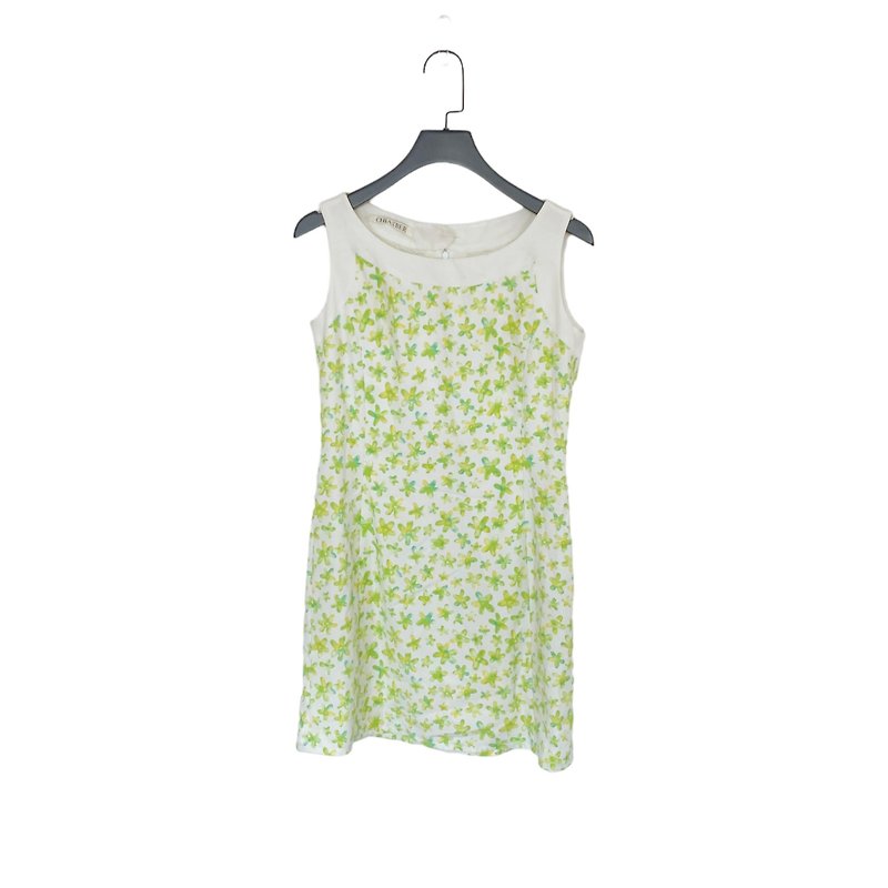 Second-hand white, green and yellow printed light and elegant stitching narrow dress OPD307 - ชุดเดรส - เส้นใยสังเคราะห์ สีเขียว