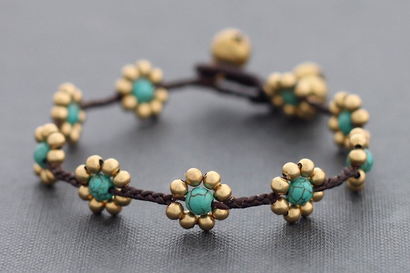 Beaded Woven Bracelets Daisy Turquoise Braided - สร้อยข้อมือ - โลหะ สีเขียว