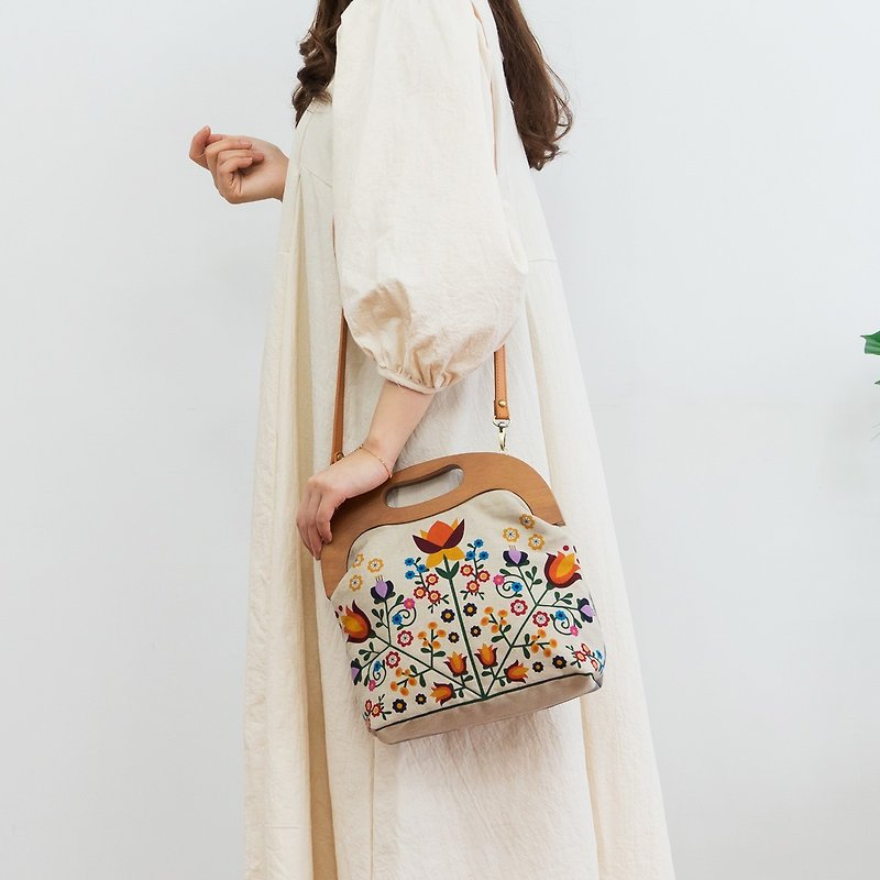 Handmade Wood frame linen handbag - Handbags & Totes - Linen Multicolor