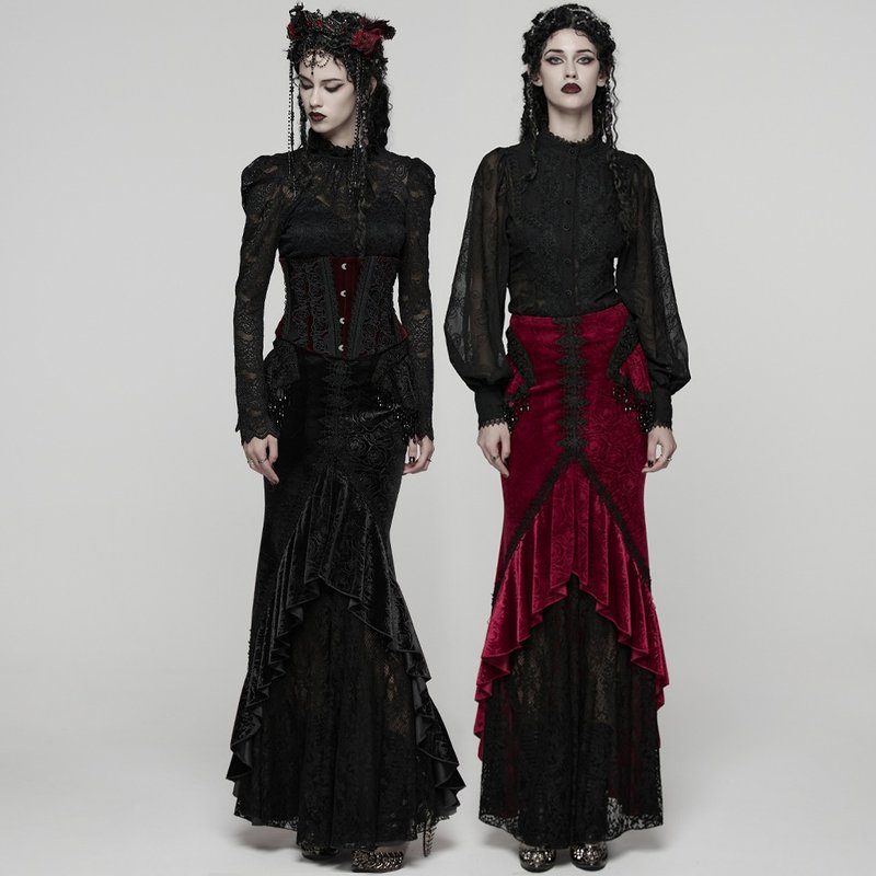 哥德女哲學家熾熱玫瑰魚尾半裙 / 禮服  - 紅 / 黑 - 裙子/長裙 - 其他材質 紅色