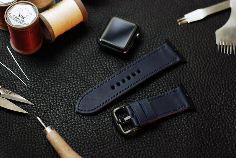 【プロモーション】Applewatchレザー手縫いストラップブルー - 腕時計ベルト - 革 ブルー