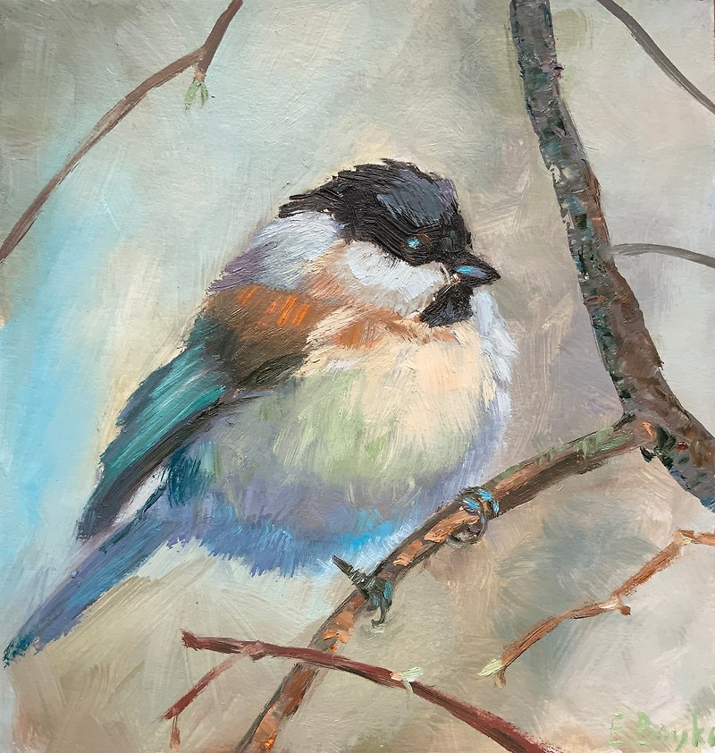 Bird oil painting Sparrow on a branch Beautiful bird Spring landscape - 壁貼/牆壁裝飾 - 其他材質 銀色