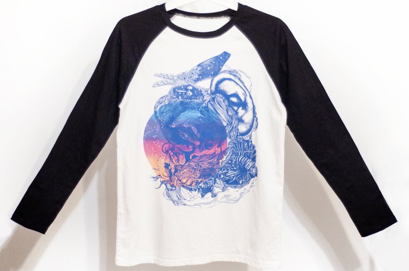 女裝純棉長袖棒球裝上衣 撞色印花T-shirt 女裝Tee-海洋的旅程 - 女上衣/長袖上衣 - 其他材質 多色