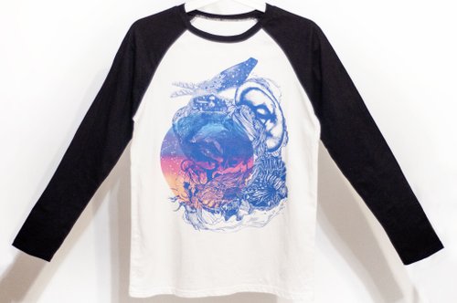 omhandmade 女裝純棉長袖棒球裝上衣 撞色印花T-shirt 女裝Tee-海洋的旅程
