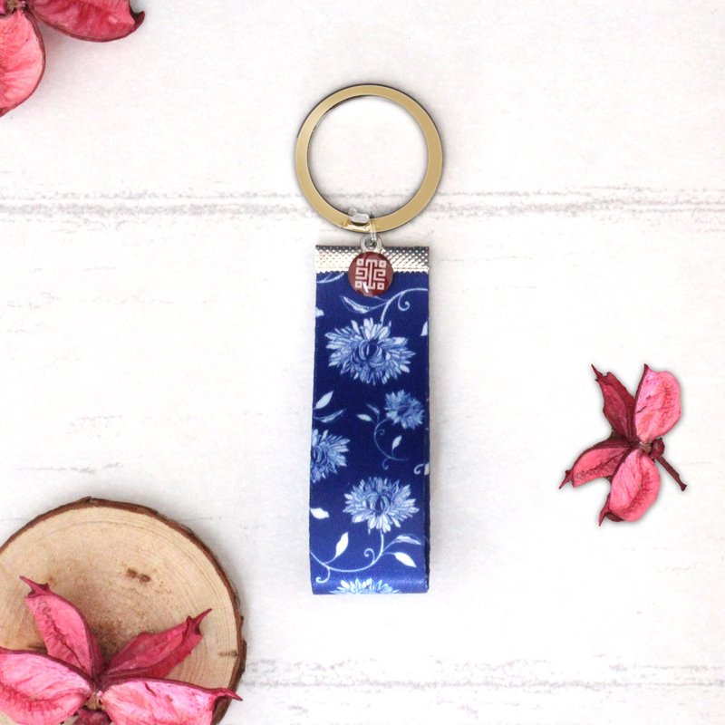 Underglaze Blue Woven Ribbon Keychain-Blue - Charms - Polyester 