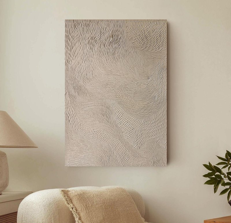 Textured Abstract Beige Painting | Beige Textured Wall | Beige art | Fluency 5 - 壁貼/牆壁裝飾 - 棉．麻 白色