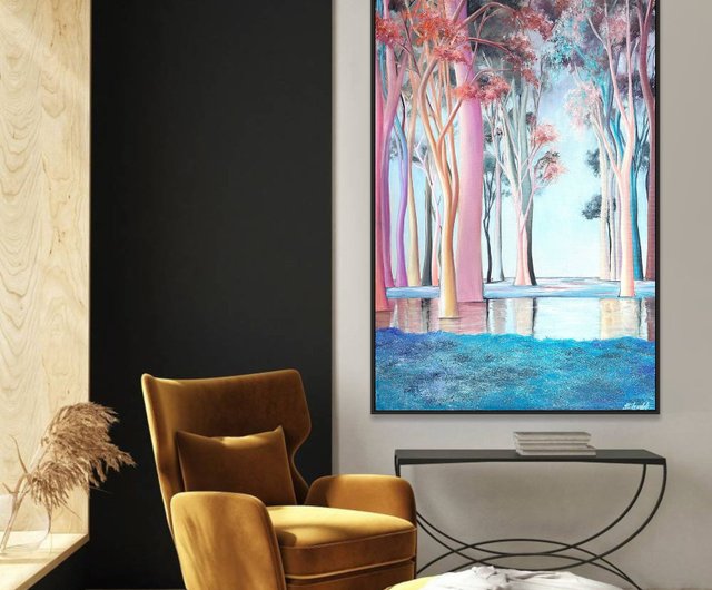 抽象的なファンタジーの森の絵画 パステルカラー 水の反射 幻想的な