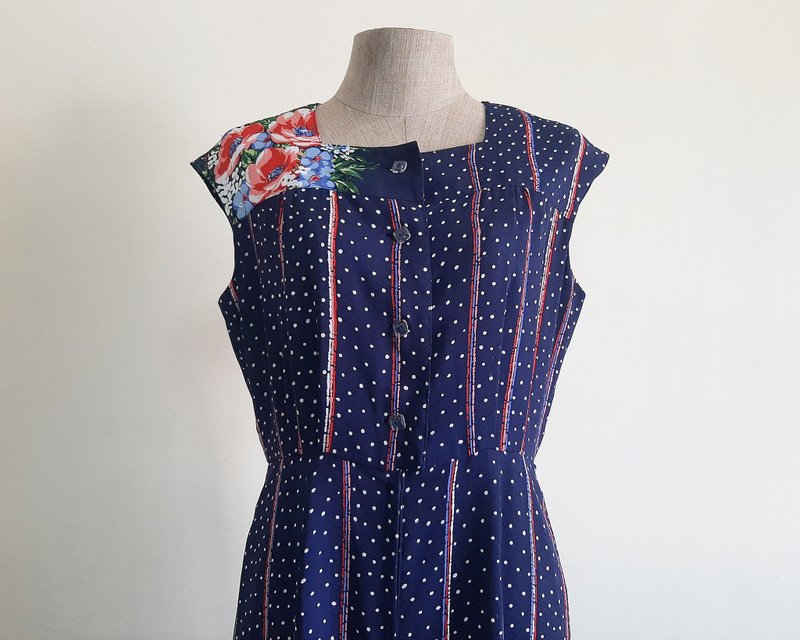 Vintage Navy Blue Floral Dress - ชุดเดรส - เส้นใยสังเคราะห์ สีน้ำเงิน