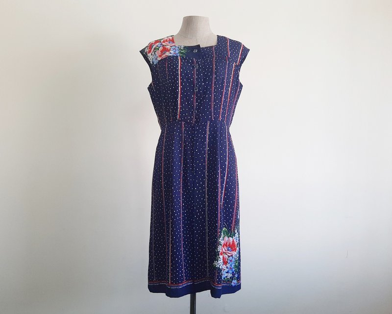 Large Vintage Navy Blue Floral Dress Womens White Polka Dot Dress Striped Dress - 洋裝/連身裙 - 聚酯纖維 藍色