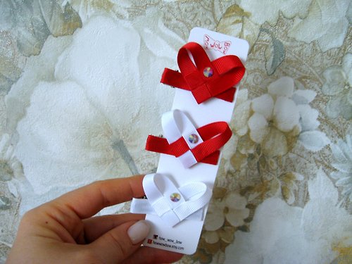 HowWowBow Red, pink, white hearts hair clips, Set of 3 pcs, Valentine's Day gift, Love