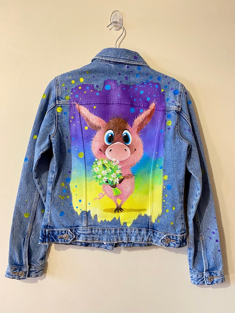 Painted Denim Jacket Handmade Blue jeans jacket Pig Gift - 女大衣/外套 - 棉．麻 多色