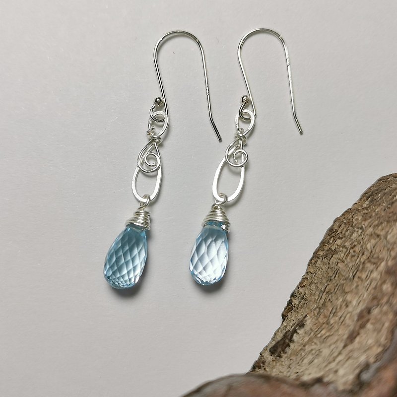 Sky blue Stone silver earrings/water drop Gemstone beads/handmade/925/999 - Earrings & Clip-ons - Gemstone Blue