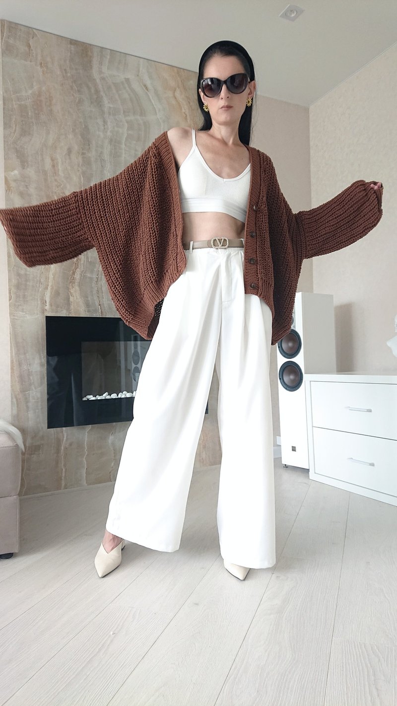 Hand knit cardigan for women Rib sweater jacket brown Jacket cotton with buttons - 女毛衣/針織衫 - 棉．麻 