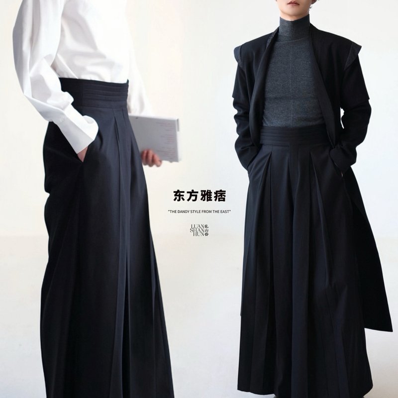 Luanshanhun Oriental elegant new Chinese style original double pleated black straight casual wide-leg pants skirt all-match autumn and winter - Men's Pants - Other Materials 