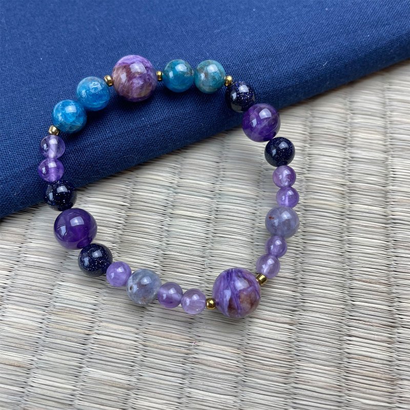 Amethyst Stone cordierite business luck natural crystal Japanese handmade gift energy Stone bracelet - Bracelets - Crystal Purple