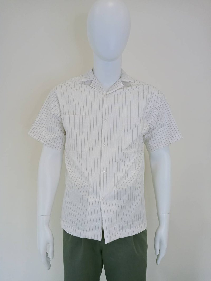 (In stock) Men's classic beige pinstripe short-sleeved shirt - Men's Shirts - Cotton & Hemp 