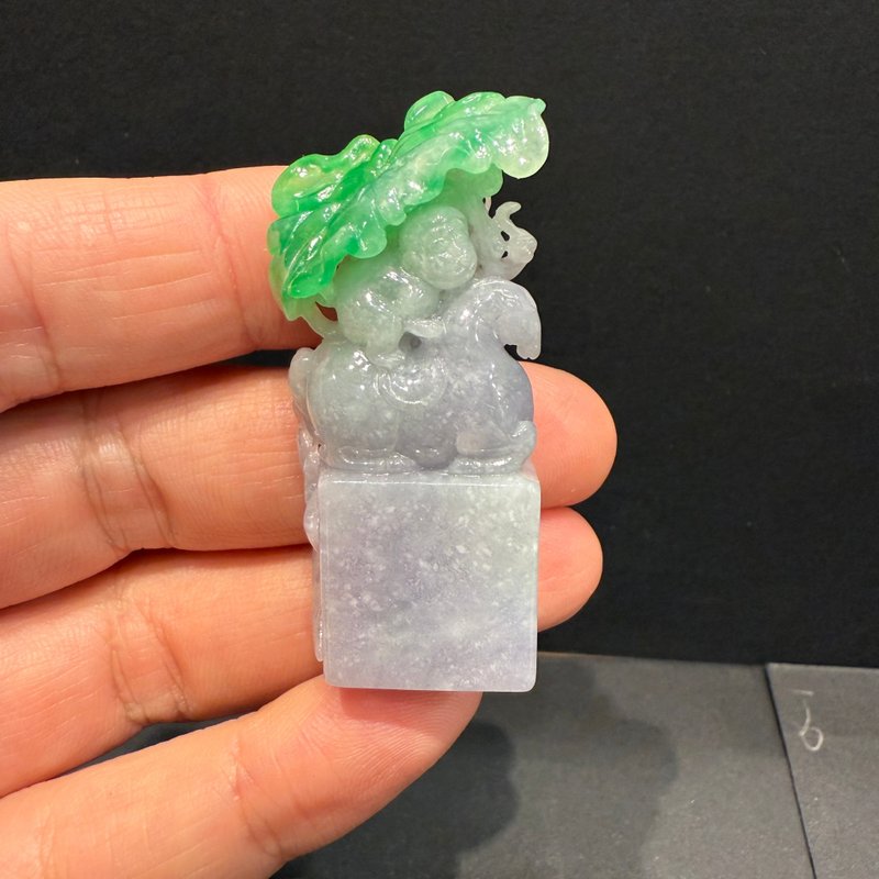 瀚玉珠寶 天然翡翠 春帶彩馬上封侯印章 荷葉印章 馬上封侯紫羅蘭 - 其他 - 玉石 