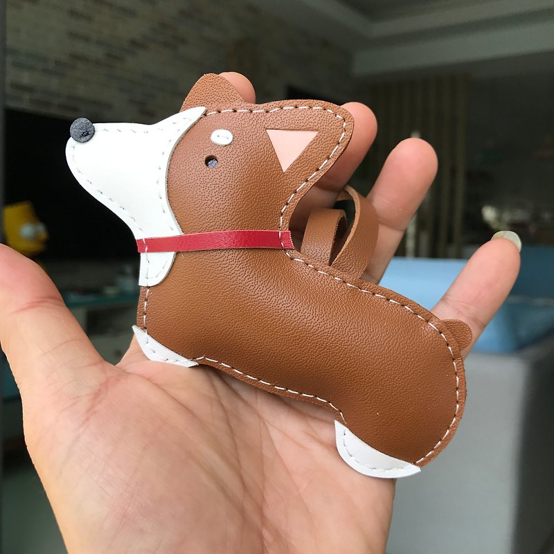 Healing Small Objects Handmade Leather Brown Corgi Dog Handmade Charm Large Size - พวงกุญแจ - หนังแท้ สีนำ้ตาล