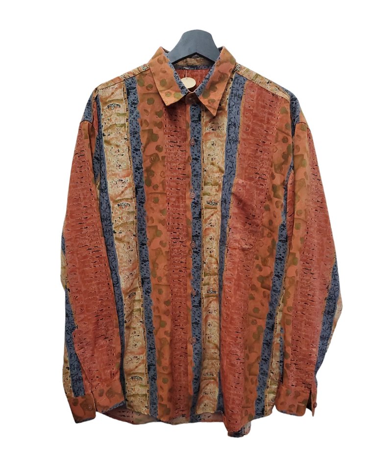 Wear politely Japanese vintage silk textured earth totem ink painting feeling long lining L size nearly new - Men's Shirts - Cotton & Hemp Orange