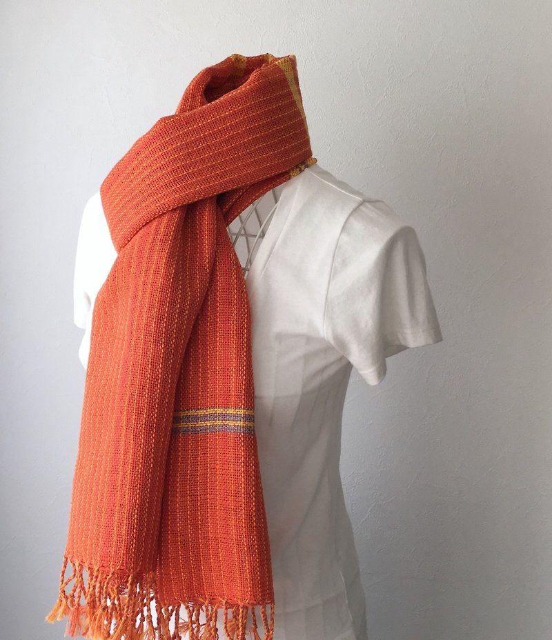 【リネン＆コットン：オールシーズン】手織りショール "Orange Stripe" - 絲巾 - 棉．麻 橘色