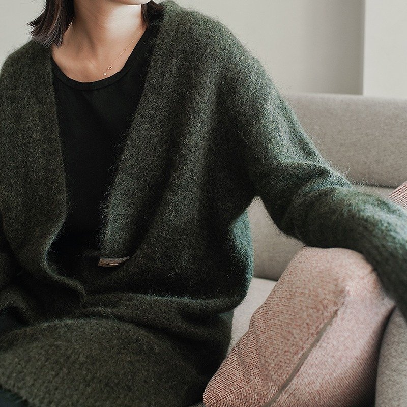 Classic resurrection olive green Italy imported yarn mohair knit cardigan in the long paragraph loose warm sweater is still very warm there is a retro wooden buttons | vitatha fanta original design independent women's brand - Women's Sweaters - Wool Green