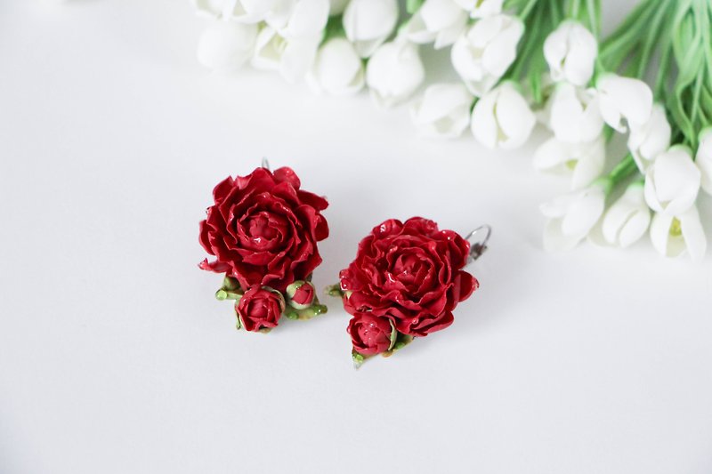 Flower earrings Earrings with burgundy peonies Wedding earrings Gift for her - Earrings & Clip-ons - Clay Red