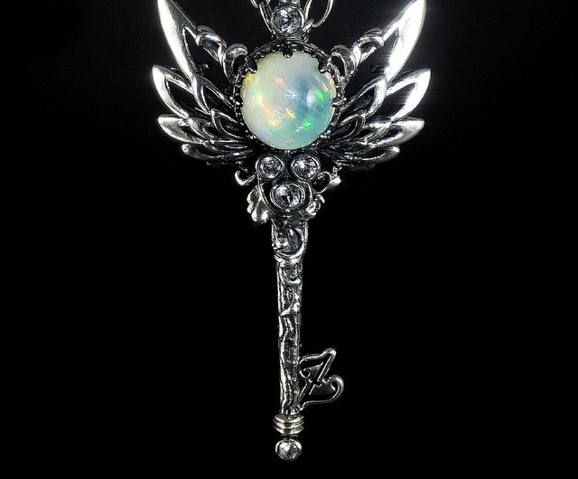 Crystal Opal Sterling Silver 925 Angel Wings Key Pendant - Flight of Dream  - Shop RealizedStudio Artisan Jewelry Necklaces - Pinkoi