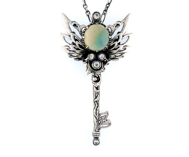 Crystal Opal Sterling Silver 925 Angel Wings Key Pendant - Flight of Dream  - Shop RealizedStudio Artisan Jewelry Necklaces - Pinkoi