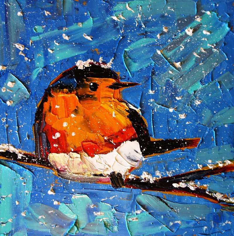 Chickadee Painting Oil Bird Original Art Artwork Animal Canvas Art Impasto - 掛牆畫/海報 - 顏料 多色