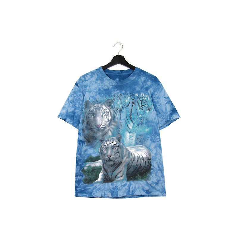 Back to Green: Hand-dyed blue tigers and white men and women can wear vintage t-shirt - เสื้อยืดผู้ชาย - ผ้าฝ้าย/ผ้าลินิน 