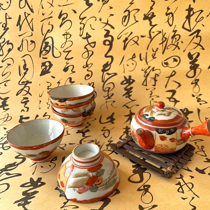 日本 日式九谷燒瓷茶器組 │ 一壺五杯 濃墨 古件 江戶時代 陶瓷 - 茶壺/茶杯/茶具 - 陶 多色
