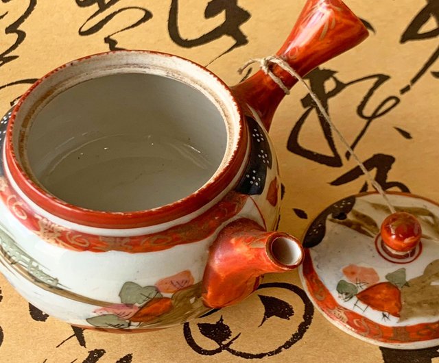 和風九谷焼茶セット│江戸時代の陶磁器の壺と濃い墨の骨董品5杯