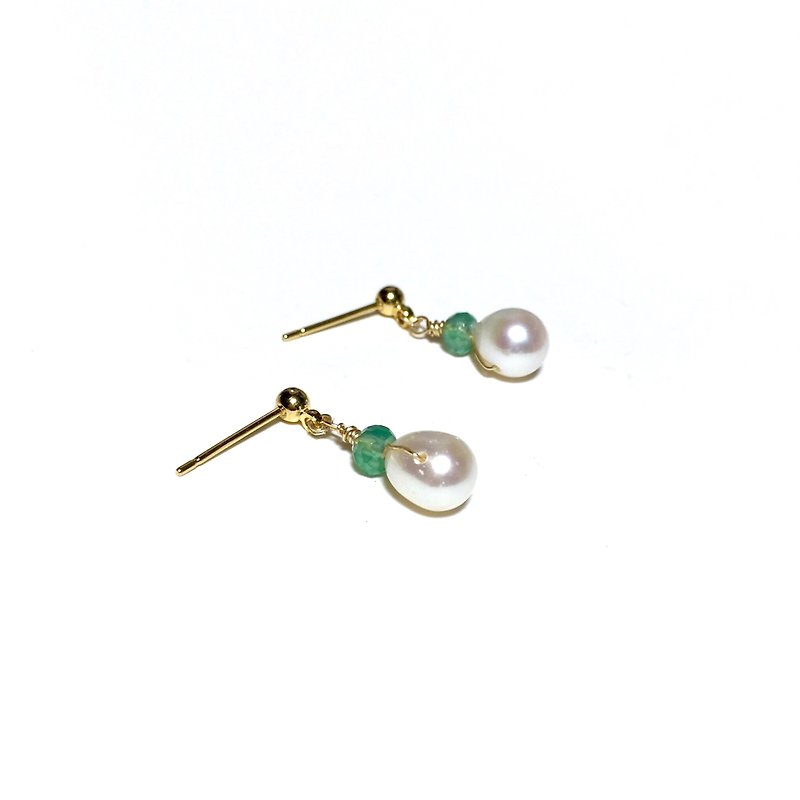 [Ruosang] [Spring] Qingquan. Natural green agate & natural pearl. Imported 18k gold. Natural stone wire-wound earrings/earrings/ Clip-On/not suitable for pierced ears. - ต่างหู - เครื่องเพชรพลอย สีเขียว