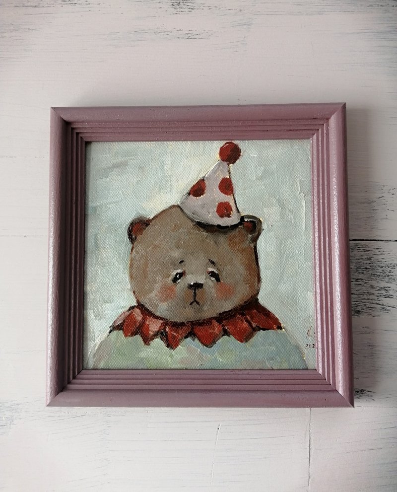 Teddy Bear Painting Original Art * canvas on cardboard * 0il painting 15x15 cm - Posters - Paper Multicolor