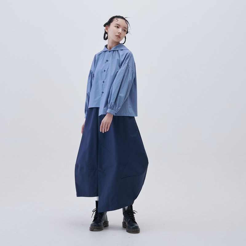 不對稱球型立體長裙 - 裙子/長裙 - 棉．麻 藍色