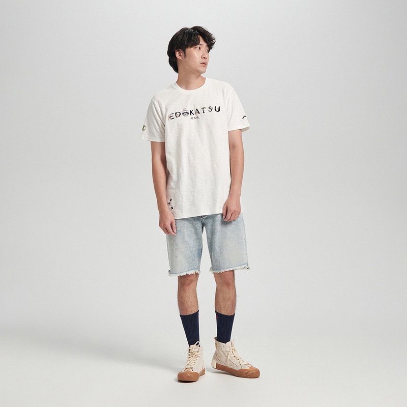 Edo Katsu Japanese style Katsutaro series Katsutaro printed short-sleeved T-shirt - Men's (off-white) #Top - เสื้อยืดผู้ชาย - ผ้าฝ้าย/ผ้าลินิน ขาว