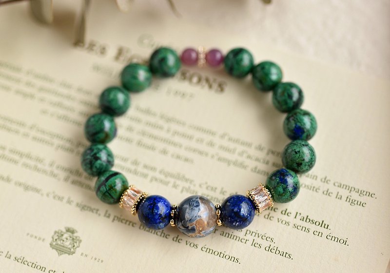 藍銅礦+紅寶石+彼得石鍍金綴鑽水晶手鍊 - 手鍊/手鐲 - 水晶 綠色