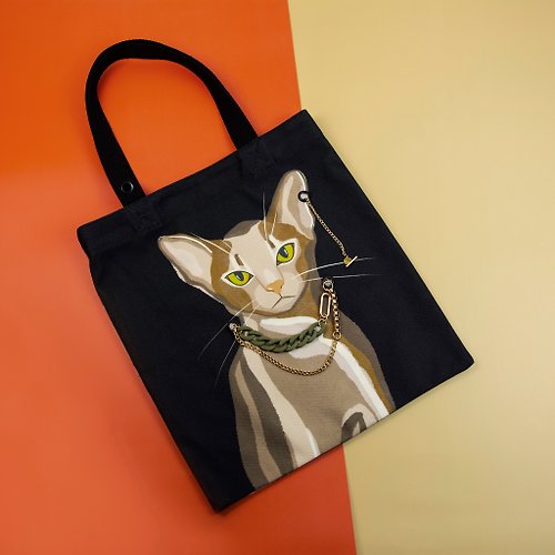 Be WILD-遍野 貓咪雙面插畫帆布包黑色-阿比西尼亞貓