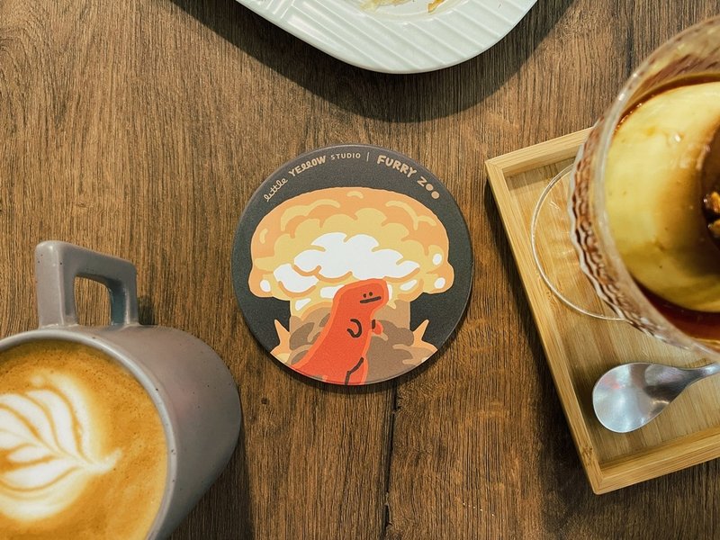 Furry Zoo ceramic absorbent coaster Volcano Tyrannosaurus - Coasters - Pottery Red