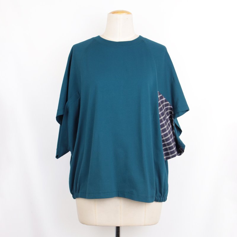 藍綠 - 圓領格布拼接下伸縮T #U1197 - 女上衣/長袖上衣 - 棉．麻 藍色