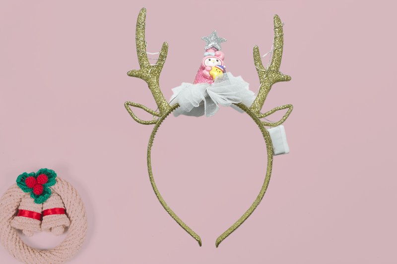 Festive Golden Antler Headband with a pink glitter party hat and Lights. - เครื่องประดับผม - พลาสติก สีทอง