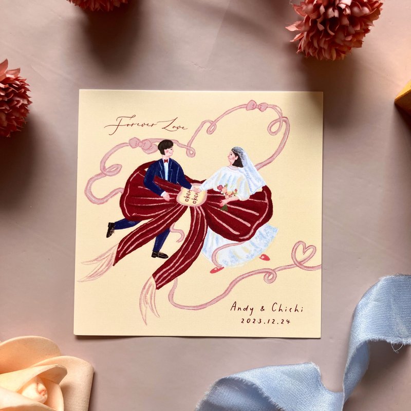 [Customized] Forever Together Wedding Cake Thank You Card Cute Illustration Printing 30 copies of the text behind the name - การ์ด/โปสการ์ด - กระดาษ สีเหลือง