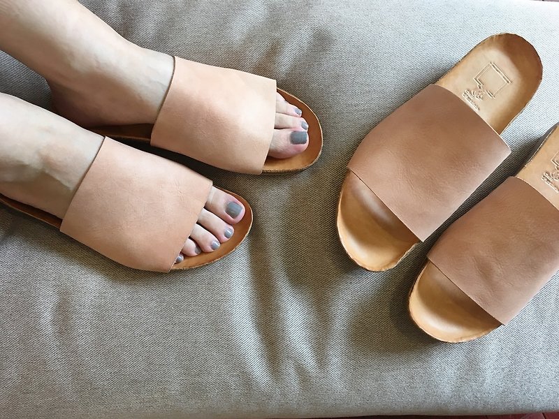 Leather bottom sandals||Moroccan's afternoon sun linen nude skin|| #8128 - รองเท้าแตะ - หนังแท้ สีกากี