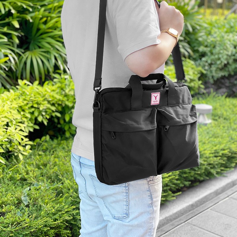 Black water-repellent nylon ultra-light laptop bag 11-15.6 inch laptop briefcase school bag - กระเป๋าแล็ปท็อป - วัสดุอื่นๆ สีดำ